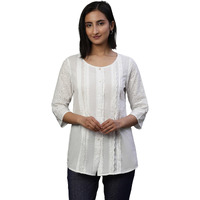 White Front Pleated Schiffli Short Kurti (Size: Xl)-24Aua30486-E607219