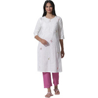 W For Woman White Swiss Dot Pure Cotton Embroidered Straight Kurta With Schiffli Yoke (Size: L)-24Auw11435-222057