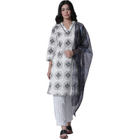 W For Woman White Geometric Printed V-Neck Cotton Kurta, Salwar With Dupatta Set_24Onws10600-123025_2Xl
