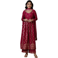 Aurelia Magenta Pink Naira Cut Embellished Jacquard A-Line Kurta, Palazzo And Dupatta Set (Size: M)-24Aud10664-705023