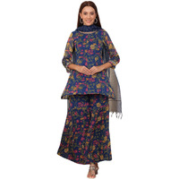 W For Woman Navy Blue Floral Printed Embroidered Flared Short Kurta And Sharara Set With Dupatta (Size: L)-24Auws11466-124992