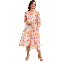 W For Woman Cream Floral Printed Sequined Kota Flared Kurta, Pants And Dupatta Set_24Auws11561-124165_2Xl