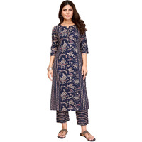 Rangita Blue Cotton Printed Straight Calf Length Kurta With Pant | Kurta Set For Women_Xl