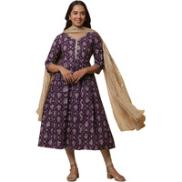 Aurelia Womens Floral Printed Flared Pure Cotton Kurta Set With Leggings And Dupatta For Women