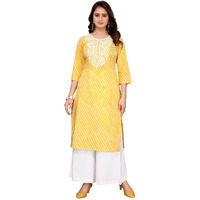Rangita Yellow Cotton Straight Embroidered Calf Length Kurti | Kurta For Women_S
