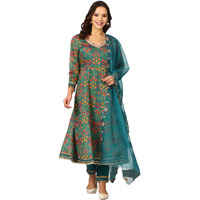 W For Woman Teal Blue Floral Printed Flared Chanderi Embroidered Kurta, Pants And Dupatta Set (Size: M)-24Auws11762-124655