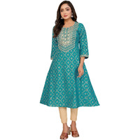 Rangita Teal Viscose Blend A-Line Embroidered Calf Length Kurti | Kurta For Women_L