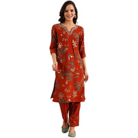W For Woman Equestrian Red Foil Floral Printed Vicuna Crepe Straight Kurta And Pants Set (Size: M)-24Auws11761A-124634