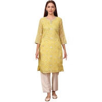 W For Woman Yellow Foil Printed Kota Doriya Kurta With Zari Embroidered Neck (Size: Xxl)-24Auw11733-124504