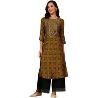 W For Woman Mustard Yellow Geometric Printed Sequined Straight Kurta_24Auw11680-124391_S