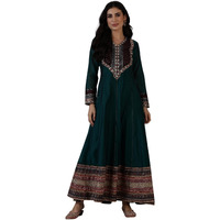 W For Woman Green Flared Chanderi Long Ethnic Dress With Thread Embroidery_24Auw11510-222093_S