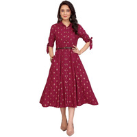 Rangita Women Maroon Rayon Printed Shirt Collar Calf Length Dress With Belt_S