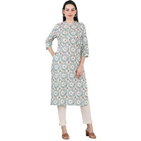 W For Woman White Mandarin Collar Pure Cotton Straight Kurta With Green & Orange Floral Print_24Auw11918-124870_S