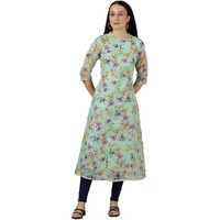 Aurelia Womens Floral Printed A-Line Kurta | Band Collar Kurta For Women | Printed Kurta For Women | Beautiful Regular Fit Kurta For Women Green