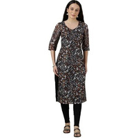 Aurelia Womens Floral Printed Straight Kurta | V-Neck Kurta For Women | Printed Kurta For Women | Beautiful Regular Fit Kurta For Women Black
