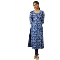 Aurelia Womens Floral Printed Straight Kurta | Lightweight Round Neck Kurta For Women | Printed Kurta For Women | Beautiful Regular Fit Kurta For Women Blue