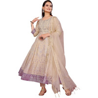 Rangita Beige Viscose Poly Embroidered Anarkali Calf Length Kurta With Pant And Dupatta | Kurta Set For Women_M