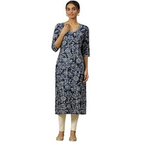 Aurelia Womens Floral Printed Straight Kurta | V-Neck Kurta For Women | Printed Kurta For Women | Beautiful Regular Fit Kurta For Women Blue