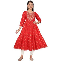 Rangita Red Rayon Anarkali Embroidered Calf Length Kurti | Kurta For Women_L