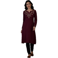 W For Woman Purple Solid Thread Work Acrylic A-Line Kurta (Size: M)-24Now11960-222655