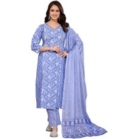 Rangita Blue Cotton Embroidered Straight Calf Length Kurta With Pant And Dupatta | Kurta Set For Women_S