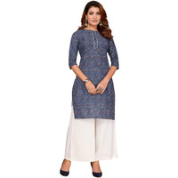 Rangita Navy Blue Cotton Straight Printed Knee Length Kurti | Kurta For Women_M