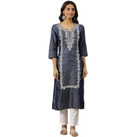 Aurelia Womens Solid Straight Pure Cotton Kurta | Lightweight Round Neck Kurta For Women Cotton | Yarn Dyed Kurta For Women | Soft & Breathable Regular Fit Kurta For Women Blue