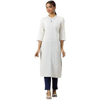 Aurelia Womens Geometric Printed Straight Pure Cotton Kurta | Lightweight Mandarin Collar Kurta For Women Cotton | Yarn Dyed Kurta For Women | Soft & Breathable Regular Fit Kurta For Women White