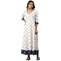 White Yarn Dyed Pure Cotton Mock Angrakha Flared Dress (Size: L)-24Aua15255-704968