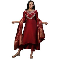 Aurelia Red Zari Embroidered Kurta, Pants And Jacquard Dupatta (Size: L)-24Aud14224-704233