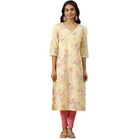 Aurelia Womens Floral Printed Straight Kurta | V-Neck Kurta For Women | Printed Kurta For Women | Beautiful Regular Fit Kurta For Women Yellow