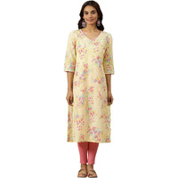 Aurelia Womens Floral Printed Straight Kurta | V-Neck Kurta For Women | Printed Kurta For Women | Beautiful Regular Fit Kurta For Women Yellow