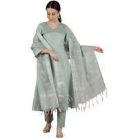 Aurelia Womens Geometric Printed Flared Kurta Set With Trouser And Dupatta For Women