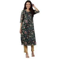 Aurelia Womens Floral Printed Straight Kurta | Lightweight Round Neck Kurta For Women | Printed Kurta For Women | Beautiful Regular Fit Kurta For Women Black