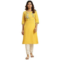 W For Woman Yellow Cotton Swiss Dot Embroidered Kurta_24Auw10056-220521_3Xl