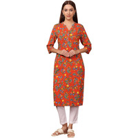 W For Woman Orange Floral Printed Rayon Straight Kurta (Size: Xl)-24Auw11920-124867