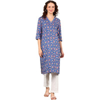 W For Woman Blue Small Buti Floral Printed Straight Kurta With Lace V-Neck (Size: L)-24Auw12024-124764