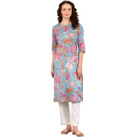 W For Woman Sky Blue Floral Printed Pure Cotton Straight Kurta (Size: 3Xl)-24Auw12025-124760