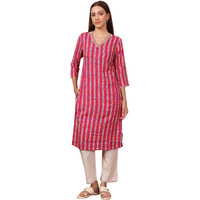 W For Woman Fuchsia Pink Floral Printed V-Neck Rayon Kurta (Size: L)-24Auw12215-124814