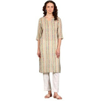 W For Woman Off White Floral Printed And Multi-Coloured Stripe Printed Cotton Blend Kurta (Size: M)-24Auw12216-124962