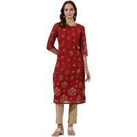 W For Woman Red Printed Lace Straight Kurta (Size: Xl)-24Auw12219-124882