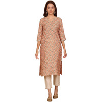 W For Woman Peach Floral Printed Straight Kurta With Lace Highlight (Size: L)-24Auw12224-124840