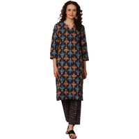 W For Woman Black Floral Printed Pure Cotton Kurta And Pants Co-Ord Set (Size: Xxl)-24Auws11934-124955