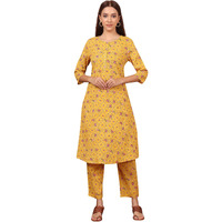 W For Woman Yellow Floral Printed Pure Cotton Kurta And Pants Co-Ord Set (Size: Xxl)-24Auws12214-124769
