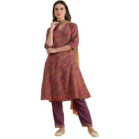 W For Woman Purple Printed Flarred A-Line Kurta & Straight Pant With Dupatta Set (Size: M)-24Auws12009-124751