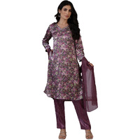 W For Woman Dark Plum Floral Printed Straight Kurta, Pants And Dupatta Set (Size: M)-24Auws12141-124937