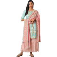 Blue Floral Printed Kurta With Pink Net Sharara And Dupatta (Size: S)-24Aud10515-504577