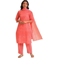 W For Woman Geometric Printed Straight Pure Cotton Kurta, Pants & Dupatta Co-Ord Set
