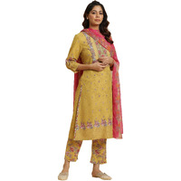 W For Woman Yellow Floral Printed Kurta, Pants And Pink Dupatta Set_24Auws19723-121076_S