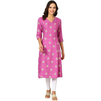 W For Woman Purple Floral Printed Rayon Kurta With Embroidered Neck (Size: L)-24Austw12220-122117